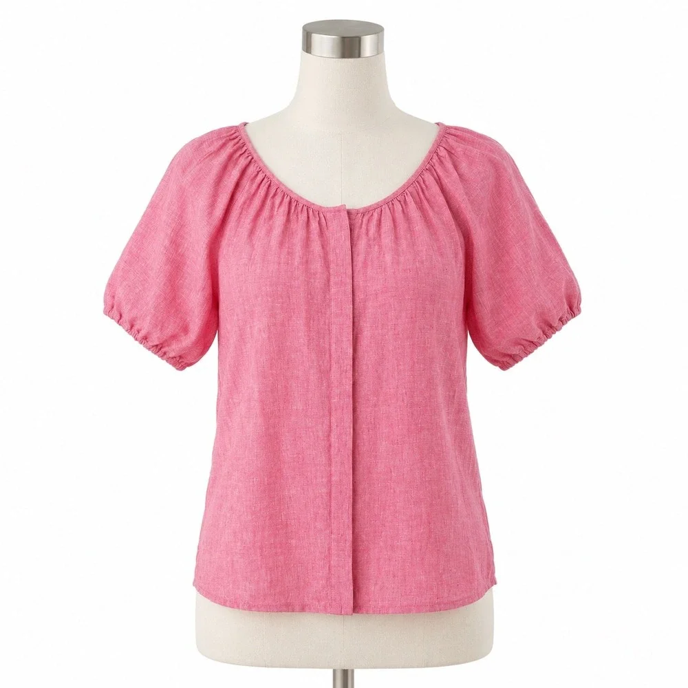 J. Crew Pink Linen Puff Sleeve Top Women's 4 Tie Back Beach Resort